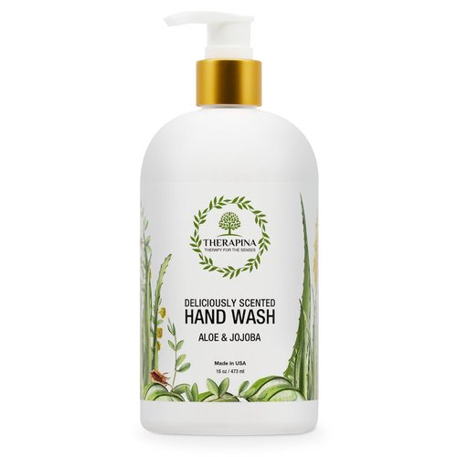 THERAPINA Aromatherapy Luxury Liquid Hand Soap – Vegan, Moisturizing Hand Wash with Aloe Vera, Botanical Oils, Aloe Jojoba Scent – Fancy Liquid Hand Soap for Bathrooms, Kitchen, More, 16 Oz.
