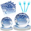 Zhehao 96 Pcs Winter Wonderland Decorations Blue Paper Winter Wonderland Plates and Napkins Disposable Christmas Snowflake Party Supplies Blue Xmas Decoration Tableware Set for 24 Guest Birthday Party