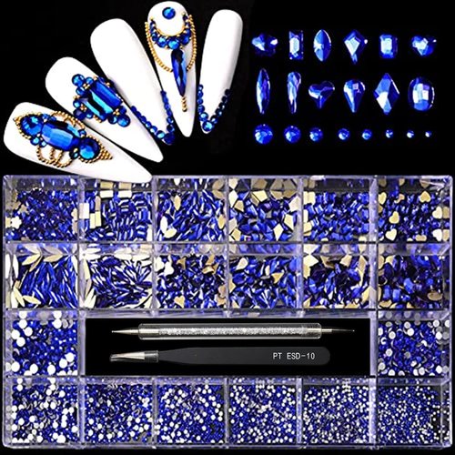 Yzzseven 12 Types of 600 Diamonds +2500 Flat Rhinestones Mix 20 Styles Flatback Rhinestone Crystals 3D Decorations Flat Back Stones Gems Set for for Nail Art DIY|（Blue）