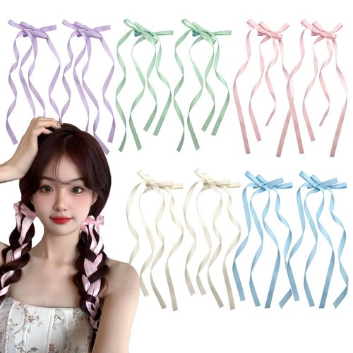 10PCS Bow Hair Clips Colorful Ribbon Hair Bows for Girls Women Double Bowknots Long Tassels Hair Barrettes Ponytail Braids Holder Cute White Pink Ribbon Hair clips Hair Accessories Decor Gift