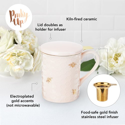 Pinky Up Annette Ceramic Tea Mug and Loose Leaf Tea Infuser, Loos Leaf Tea Accessories, Tea Tumbler Cup, Honeycomb Design, 12 oz