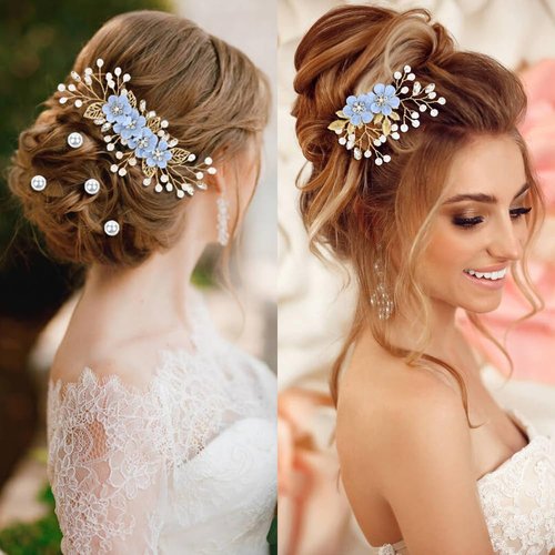 Dizila 20 Pieces Bridal Wedding Party Prom Rhinestone Pearl Light Blue Flower Hair Side Combs Slides+U-shaped Flower Hair Pins+Twist Spiral Pearl Hair Pins Headpieces for Brides Bridesmaids Women Girl