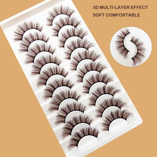 Brown Eyelashes Natural Look Dark Brown False Lashes Wispy Faux Mink Lashes Fluffy Fake Lashes 3D Strip Evelashes Pack 10 Pairs(MQ607)
