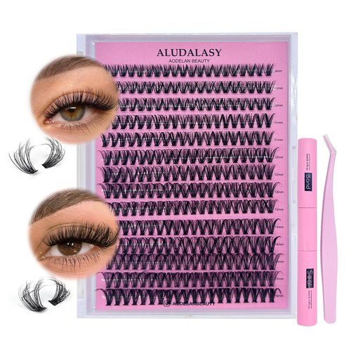 ALUDALASY Fluffy Lash Clusters Kit - 280PCS Wispy Lash Extensions 8-16mm D Curl Natural Look DIY Lash Extension Kit with Waterproof Lash Bond and Seal, Tweezer for At-Home Use(40D Kit)