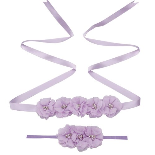 Maternity Flower Sash Headband Set Women Girls Wedding Baby Shower Sash Belt Lavender