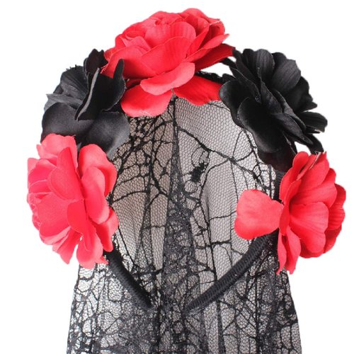 ANIUHL Day Of Dead Veil Halloween Rose Flower Crown Mexican Headband for Women