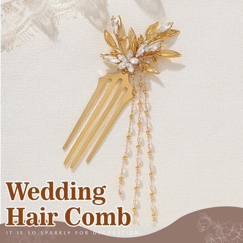 JAKAWIN Crystal Wedding Hair Comb Gold Bride Hair Piece Tassel Hair Clip for Women