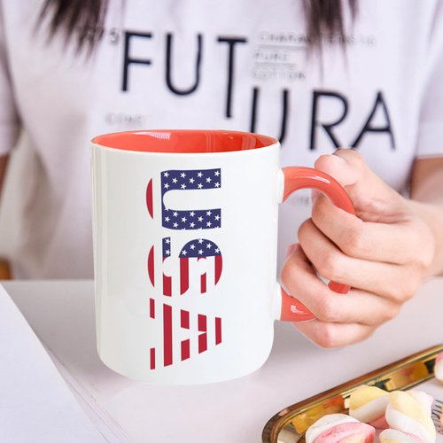 DENNSHH 4th of July Decorations USA Pattern Coffee Mug, American Flag Independence Day Patriotic Decor Cup, Memorial Day, Veterans Day, Presidents Election Day Mug Gifts, (Pink) 11Oz