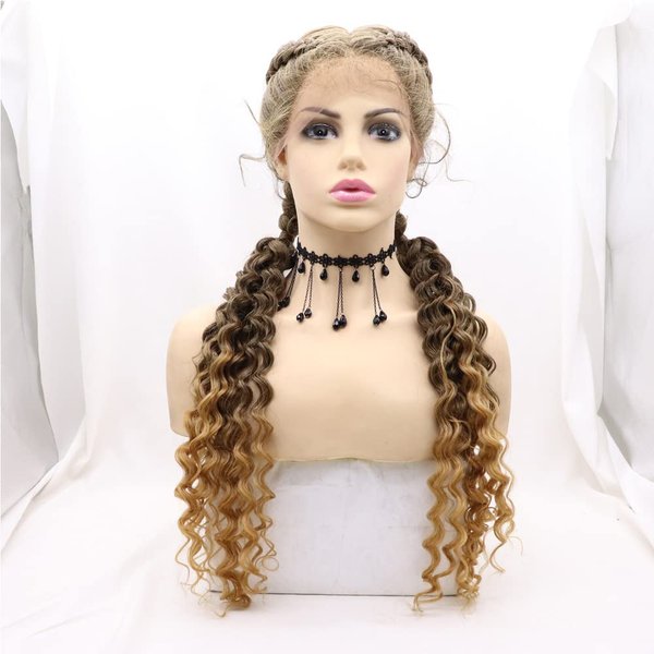 xiweiya Ombre Copper Brown Wig Long Braided Wigs Add Crimped Hair Highlight 2X Double Twist Braided Curly Synthetic 360 Full Lace Front Wig with Baby Hair for Women,Drag Queen Halloween Makeup Party
