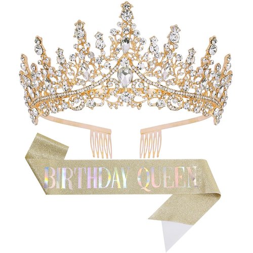 Papoopy Birthday Tiara Crown with Sash for Women, Headband Hair Accessories for Wedding Party Costume Gold