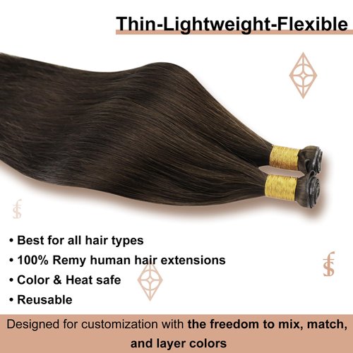 Full Shine Sew in Hand Tied Weft Hair Extensions Weft Extensions Human Hair Remy Human Hair Dark Brown Wefts Brazilian Hair For Women Invisible Weave Color #2 60 Gram 22 Inch
