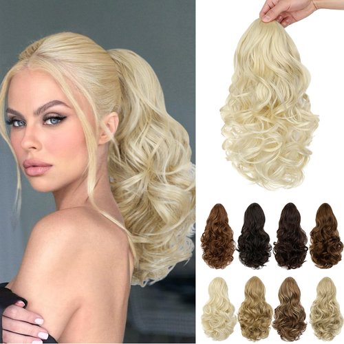 Leterly Ponytail Extension,15" Drawstring Ponytail Hair Extensions Short Wavy Pony Tail Natural Curly Soft Synthetic Hairpiece for Women Bleach Blonde