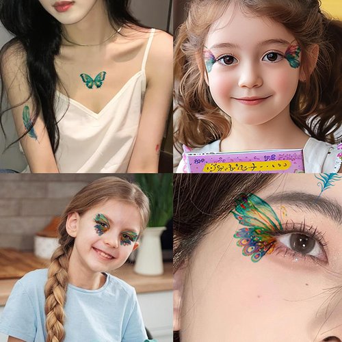 12 Sheets Butterfly Temporary Tattoos Sticker Green Peacock Wings Feather Pattern Waterproof Decal Women Face Eye Makeup Art Party Supplies
