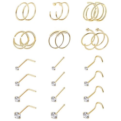 Vegolita 24PCS 22G 316L Stainless Steel Nose Rings Hoop for Women Men Nose Studs CZ Cartilage Helix Tragus Piercing Jewelry G