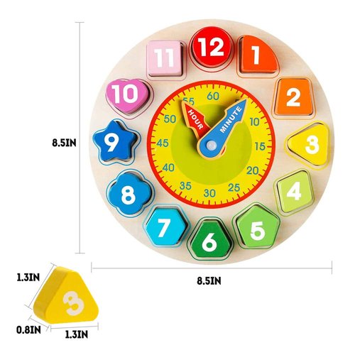 Skrtuan Wooden Shape Color Sorting Clock- Teaching Time Number Blocks Clock Shape Sorting Puzzle Montessori Early Learning Educational Toy Gift for 1 2 3 Year Old Toddler Baby Kids
