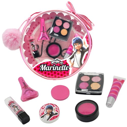 Miraculous Ladybug Kids Makeup Set - 10 Piece Bag with Nail Polish, Hair Chalk, Stickers & More, Curated Gift Sets - Safe, Non-Toxic Pretend Play Cosmetics - Marinette Themed Makeup Kit for Children