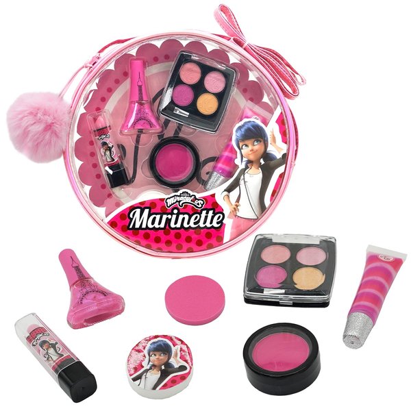 Miraculous Ladybug Kids Makeup Set - 10 Piece Bag with Nail Polish, Hair Chalk, Stickers & More, Curated Gift Sets - Safe, Non-Toxic Pretend Play Cosmetics - Marinette Themed Makeup Kit for Children