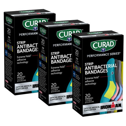 CURAD Performance Series Antibacterial Bandages, Extreme Hold Adhesive Technology, Standard Size Flexible Fabric Bandages for Cuts, Scrapes, & Burns, Assorted Colors,1 x 3.25 inches, Pack of 3