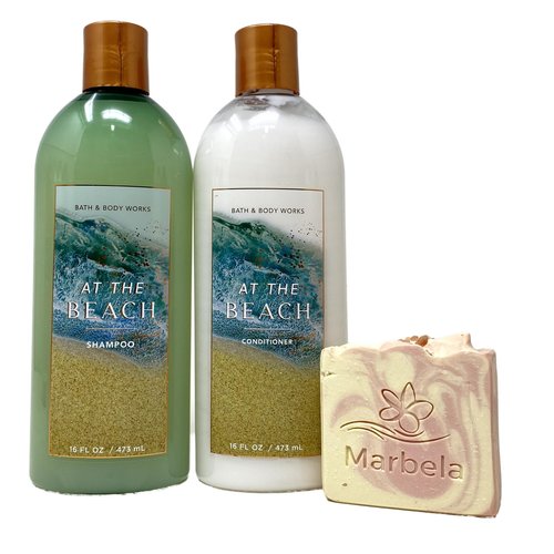Bath and Body Works At The Beach Shampoo and Conditioner with a Himalayan Salts Springs Bar Soap.