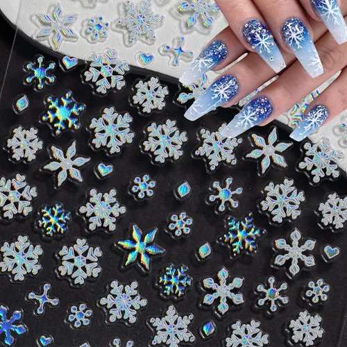 5D Embossed Christmas Laser Nail Stickers for Nail Art Holographic Blue White Snowflake Self-Adhesive Nail Decals Winter Bronzing Nail Art Supplies Christmas Acrylic Nail Art Stickers for Women Kit
