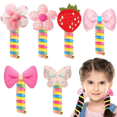 JUNEBRUSHS 6Pcs Colorful Telephone Wire Hair Bands for Kids, Spiral Ties Braided Telephone Cord Hair Bands Hair Accessories for Girls Women, Bowknot Braided phone Wire Hair Ties