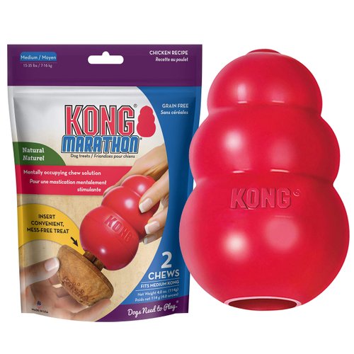 KONG Classic Stuffable Dog Toy & KONG Marathon Chicken-Flavored Treats (2 Pack) - Fetch & Chew Toy for Dogs - With Dog Toy Filler Treat - For Hours of Fun & Enrichment - For Medium Dogs
