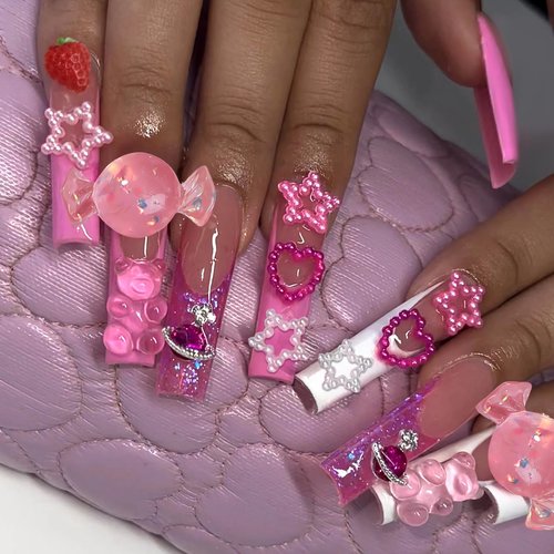 BABALAL Pink Press on Nails Long Square Fake Nails Cute Glue on Nails 3d Bear Candy Star Heart Strawberry Charm Acrylic Nails Rhinestone Squoval Manicure Stick on False Nails 24Pcs Nails Press on