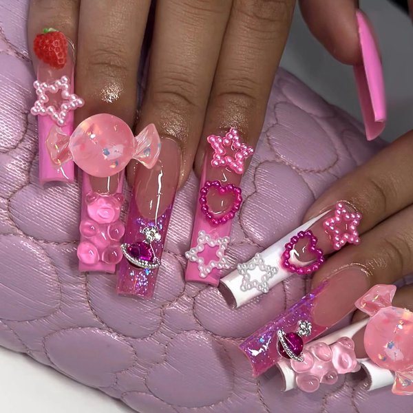 BABALAL Pink Press on Nails Long Square Fake Nails Cute Glue on Nails 3d Bear Candy Star Heart Strawberry Charm Acrylic Nails Rhinestone Squoval Manicure Stick on False Nails 24Pcs Nails Press on