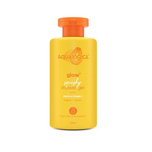 Aqualogica Glow+ Squishy Shower Gel | Papaya and Vitamin C Body Wash | Deeply Cleanses & Gently Exfoliates Dead Skin Cells | Helps Give Glowing Skin | 8.45 Fl Oz/250ml