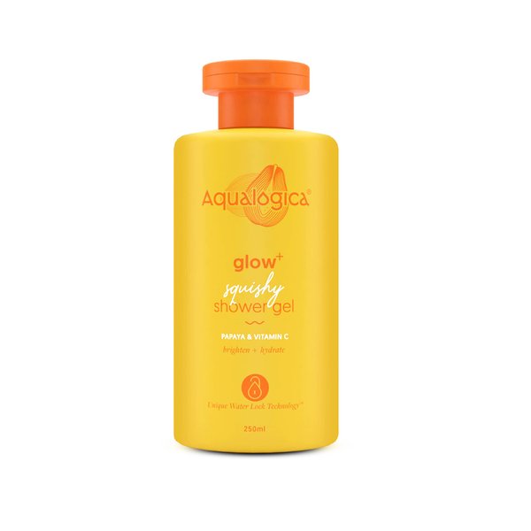 Aqualogica Glow+ Squishy Shower Gel | Papaya and Vitamin C Body Wash | Deeply Cleanses & Gently Exfoliates Dead Skin Cells | Helps Give Glowing Skin | 8.45 Fl Oz/250ml