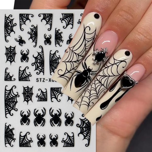 8 Sheets Halloween Nail Stickers Spider Nail Art Stickers Self Adhesive Black White Spider and Spider Web Nail Decals Nail Design Stickers for Women Girl DIY Festival Nail Decoration