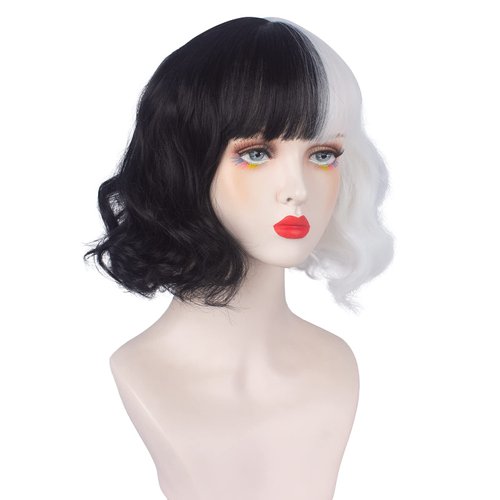 Askuang Black and White Wig for Women Short Curly Wavy Wig with Bangs Half and Half Heat Resistant Synthetic Wig Cruella Cosplay Costume Wig Halloween Daily Party