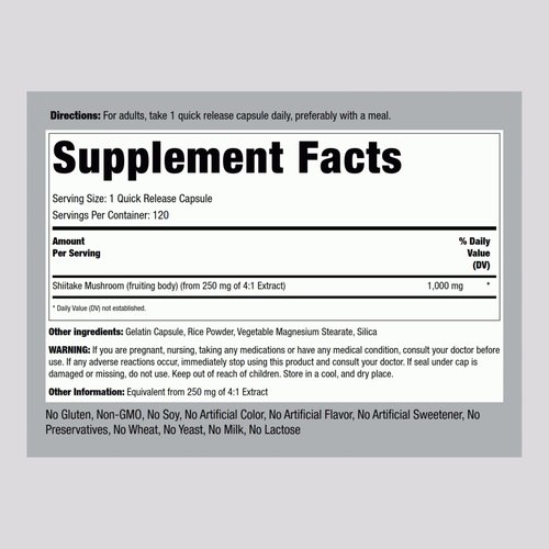 Piping Rock Shiitake Mushroom Extract | 1000 mg | 120 Capsules | Lentinus Edodes | Herbal Supplement | Non-GMO, Gluten Free