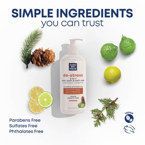 Kiss My Face De-Stress 2-in-1 Body Wash & Bath Soak Cedarwood + Bergamot - Vegan Body Wash - 16 oz Bottle with Pump (Cedarwoord & Bergamot, Pack of 1)