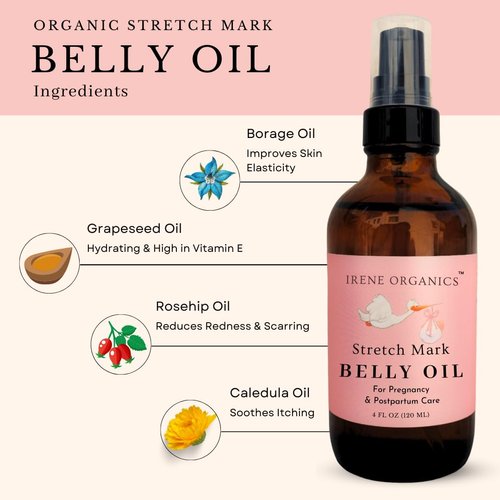 Irene Organics Organic Belly Oil for Pregnancy Stretch Mark Prevention and Treatment Award Winning Anti Stretch Mark Tummy Oil For Pregnancy and Postpartum - Hydrating Bump Oil (Belly Oil)