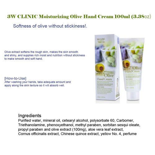 3W Clinic Hand Cream, Olive, 3.38 Ounce
