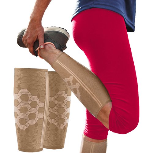 Sparthos Calf Compression Sleeves (Pair) – Leg Compression Socks for Men and Women – Shin Splint Calf Pain Relief Calf Calves Blood Circulation Sports Support Running Walking Cycling Yoga (Beige-S)