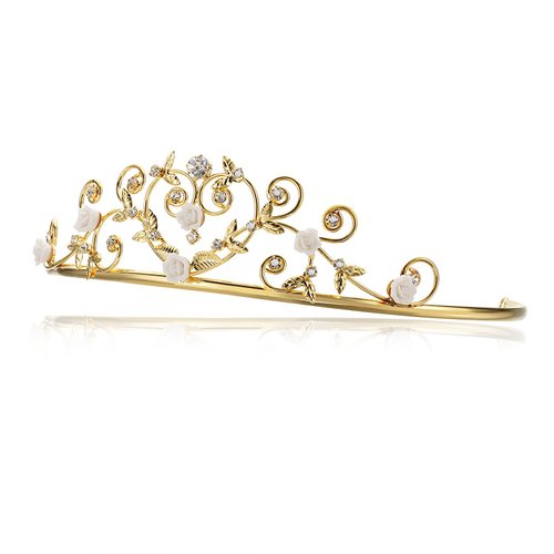 Rose Flower Rhinestone Crystal Wedding Tiara Crown - White Roses Gold Plating