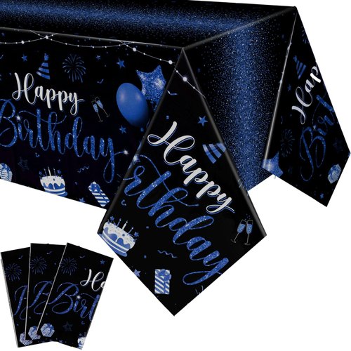 Tudomro 3 Pcs Happy Birthday Tablecloths Happy Birthday Decorations Plastic Table Cover Rectangular Cloths for Women Men Baby Shower Birthday Party Supplies, 108 x 54 Inch (Black Blue)