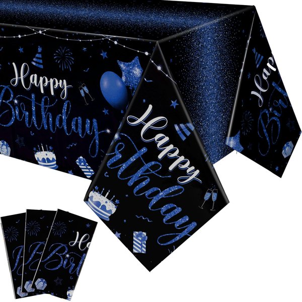 Tudomro 3 Pcs Happy Birthday Tablecloths Happy Birthday Decorations Plastic Table Cover Rectangular Cloths for Women Men Baby Shower Birthday Party Supplies, 108 x 54 Inch (Black Blue)