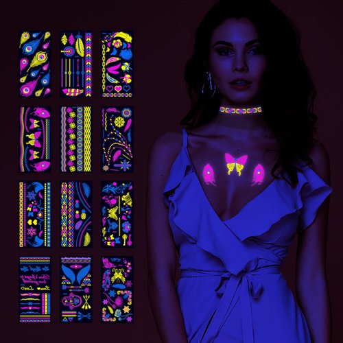 SHESRA Neon Glow in The Dark Temporary Tattoos, Fluorescence UV Flowers Butterfly Flash Fake Tattoo Stickers for Women Girls Makeup Rave Festival Dancing Party Decorations Supplies 12 Sheets