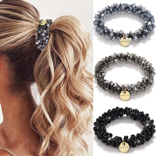Fashey Rhinestone Hair Ties Black Elastic Ponytail Holder Beaded Hair Scrunchies Set 3 Pcs Glitter Crystal Hairband Hair Accessories for Women (Type A)