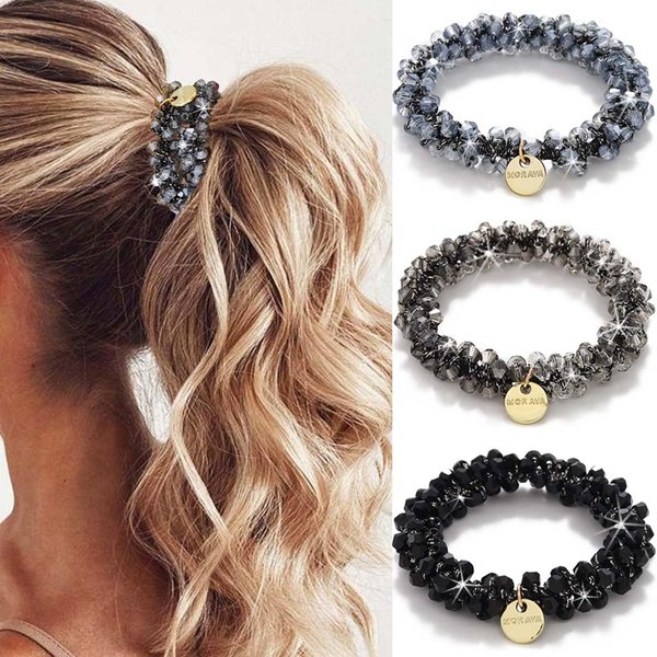 Fashey Rhinestone Hair Ties Black Elastic Ponytail Holder Beaded Hair Scrunchies Set 3 Pcs Glitter Crystal Hairband Hair Accessories for Women (Type A)