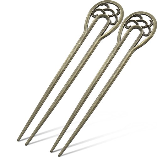 2 Pieces Nordic Classical Metal U Shaped Hairpin Vintage Hair Sticks Hair Fork Pins 2 Prong Updo Chignon Pins Hair Accessory for Women Hairstyles(Bronze)