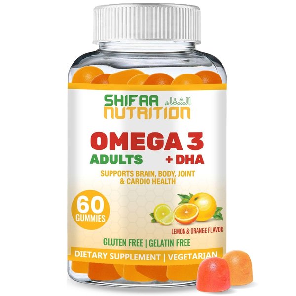 SHIFAA NUTRITION Vegan Omega 3 Gummies for Adults | No Fish Oil Burps | 60 Gummies | Plant Based w/Chia Oil, Algae | Omega 3 6 9 w/DHA, Vitamin C | for Brain, Cardiovascular & Immune Support Halal
