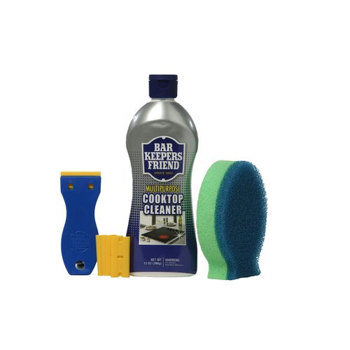 Bar Keepers Friend Ceramic & Glass Cooktop Cleaner 13 oz bottle | DishFish Dual Scrubber | BKF Flat-Surface Scraper w/Replacement Blades - Safe for Use on Glass Ceramic Cooking Surfaces, Copper, Brass