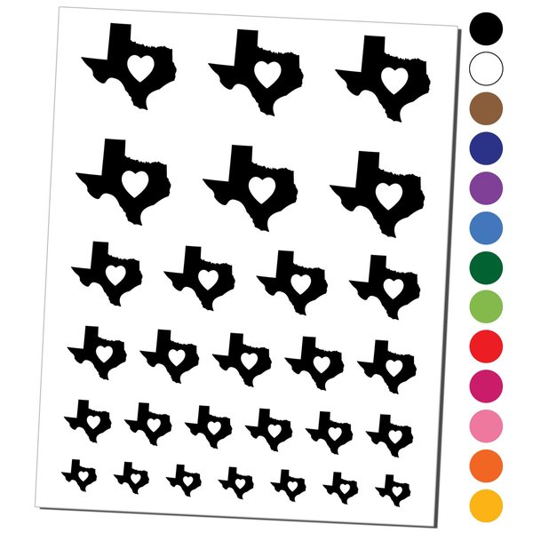 Texas State with Heart Temporary Tattoo Water Resistant Fake Body Art Set Collection - Black (One Sheet)