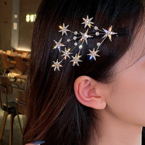 Zeshimb Hair Clip, Vintage Crystal Star Hair Barrette Cluster, Silver Star CZ Hair Barrette Clip, Bridal Hair Accessories for Women and Girls, 1 Count