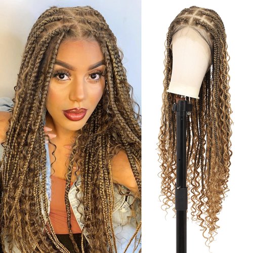 Olymei 360° HD Full Lace Braided Wigs Boho Braided Wigs Square Knotless Braided Wigs for Women Box Braid Wig with Curly End Braided Lace Front Wigs with Baby Hair Human Hair Blended 36" Light Brown
