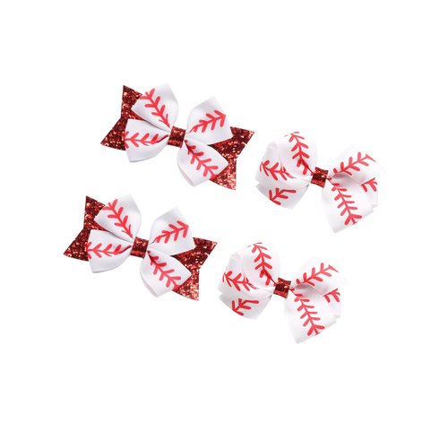 Baseball Hair Clips Bow Sports Bow Hair Barrettes Clips Girls Baseball Bow Hair Pin BBG65 (B4-Set 4 Pcs)